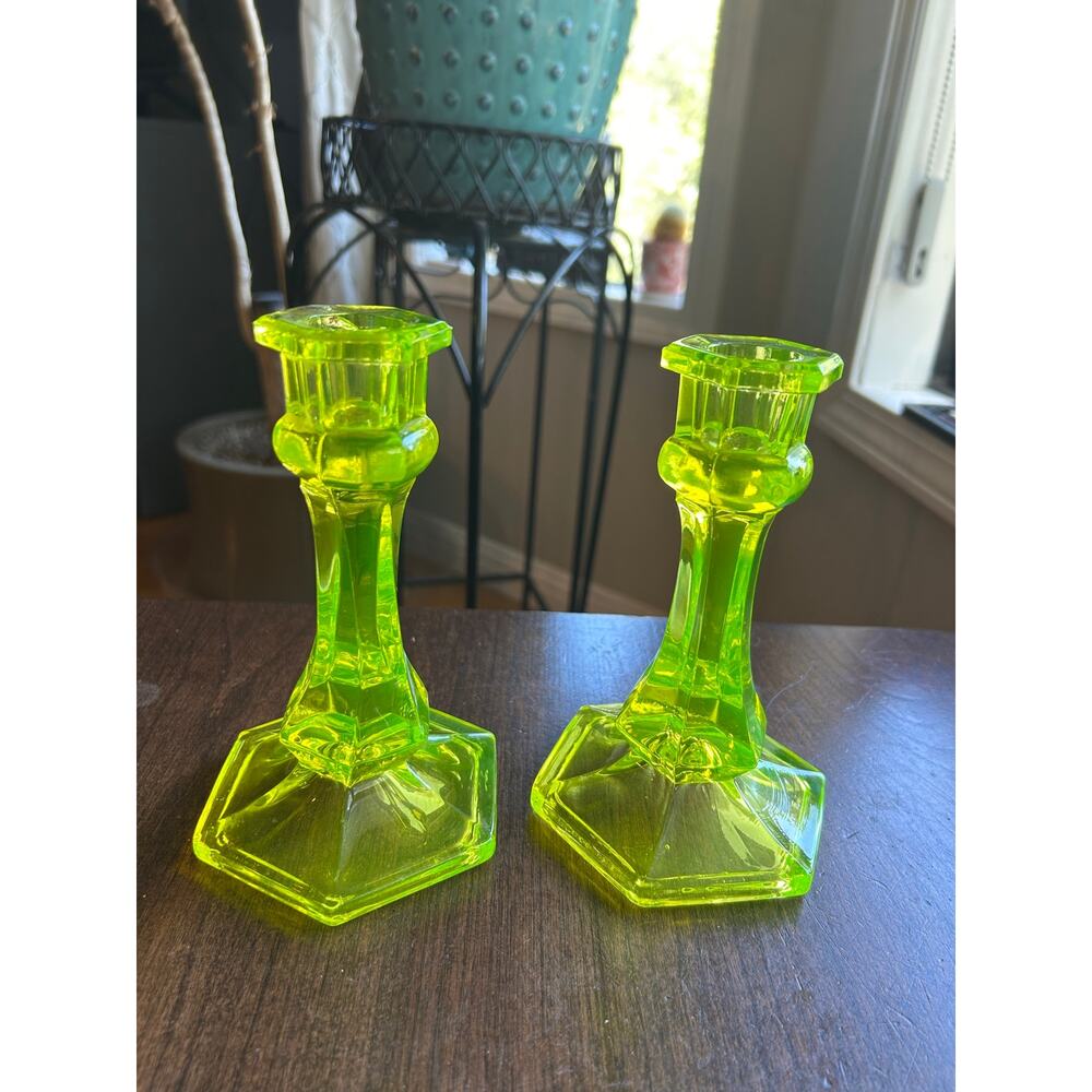 2 Antique Art Deco uranium Vaseline glass candlesticks 1930s